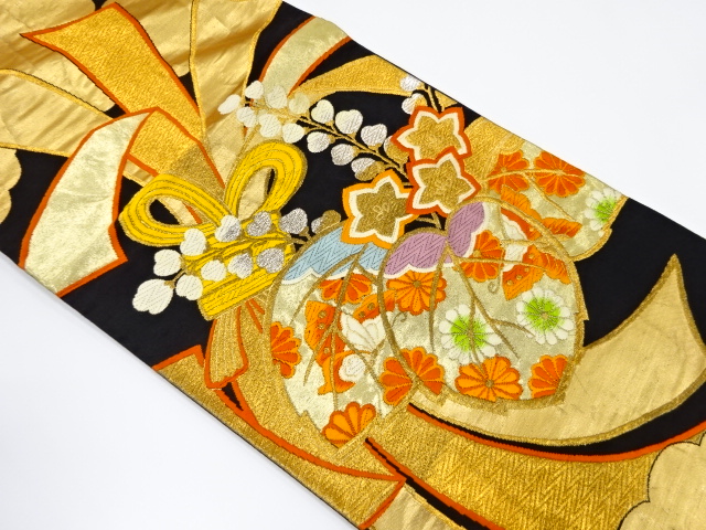 アンティーク　束ね熨斗に桐菊蝶模様織り出し袋帯（着用可）